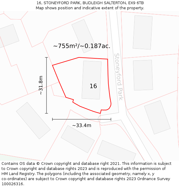 16, STONEYFORD PARK, BUDLEIGH SALTERTON, EX9 6TB: Plot and title map