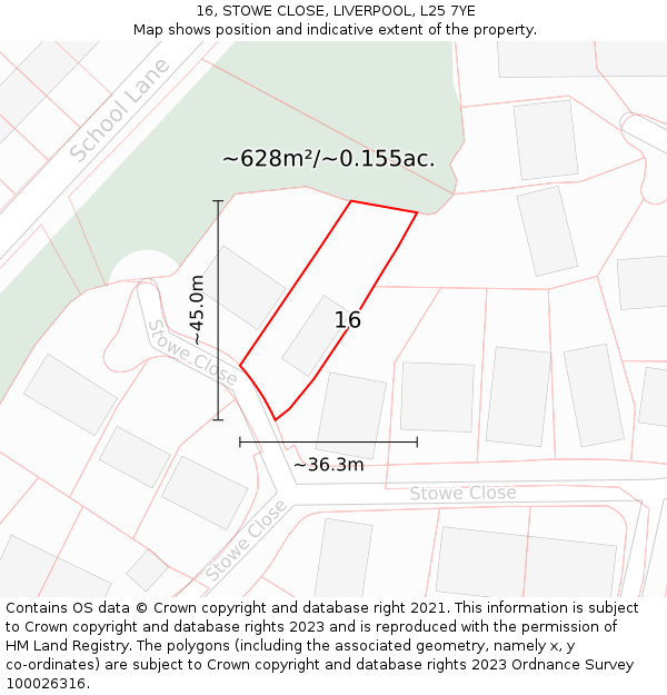 16, STOWE CLOSE, LIVERPOOL, L25 7YE: Plot and title map