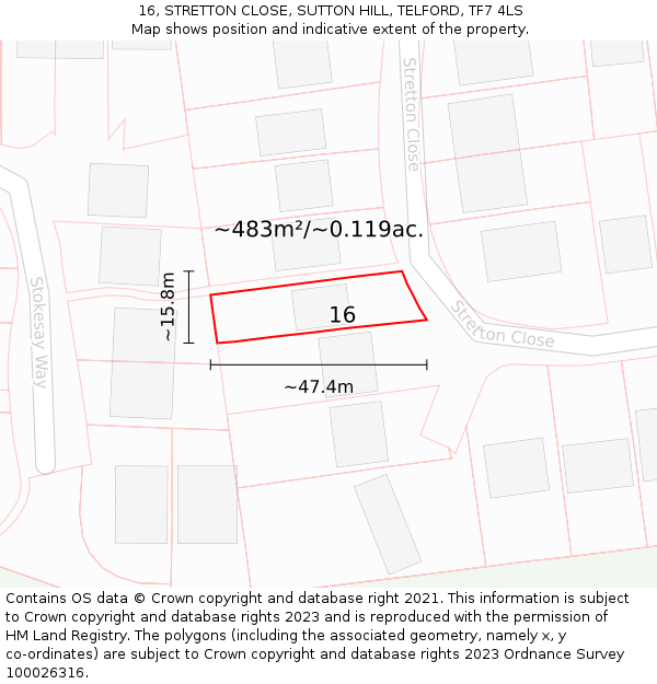16, STRETTON CLOSE, SUTTON HILL, TELFORD, TF7 4LS: Plot and title map