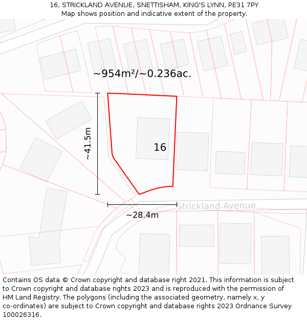 16, STRICKLAND AVENUE, SNETTISHAM, KING'S LYNN, PE31 7PY: Plot and title map