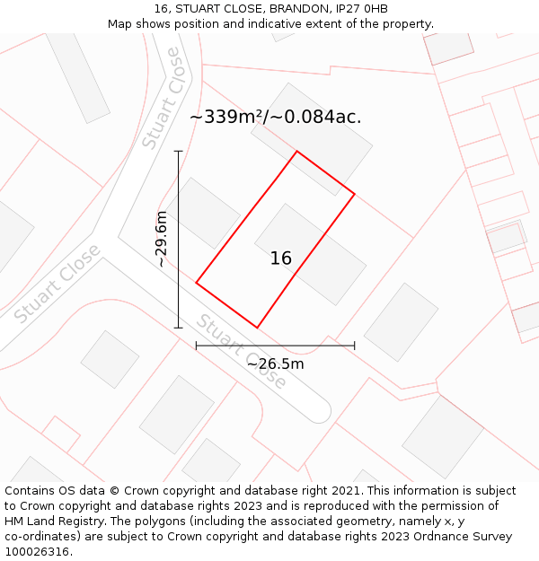 16, STUART CLOSE, BRANDON, IP27 0HB: Plot and title map