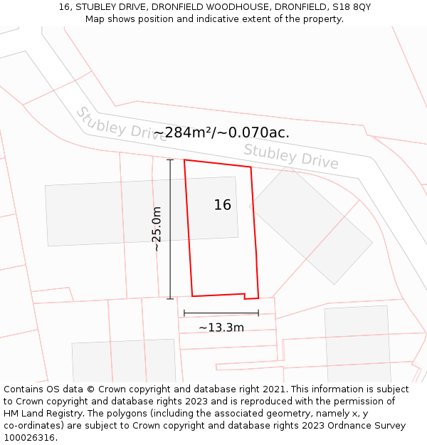 16, STUBLEY DRIVE, DRONFIELD WOODHOUSE, DRONFIELD, S18 8QY: Plot and title map