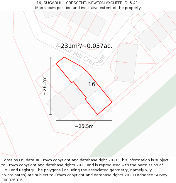 16, SUGARHILL CRESCENT, NEWTON AYCLIFFE, DL5 4FH: Plot and title map