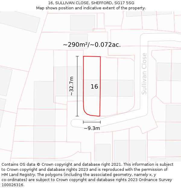 16, SULLIVAN CLOSE, SHEFFORD, SG17 5SG: Plot and title map