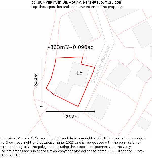 16, SUMMER AVENUE, HORAM, HEATHFIELD, TN21 0GB: Plot and title map