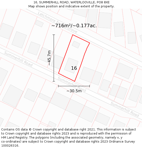 16, SUMMERHILL ROAD, WATERLOOVILLE, PO8 8XE: Plot and title map