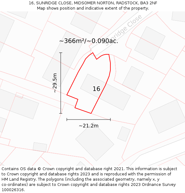 16, SUNRIDGE CLOSE, MIDSOMER NORTON, RADSTOCK, BA3 2NF: Plot and title map