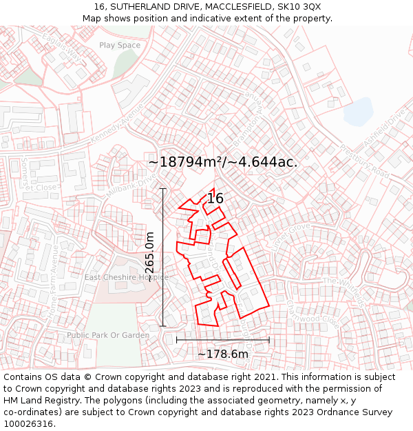 16, SUTHERLAND DRIVE, MACCLESFIELD, SK10 3QX: Plot and title map