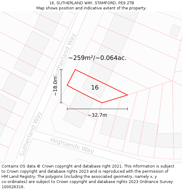 16, SUTHERLAND WAY, STAMFORD, PE9 2TB: Plot and title map