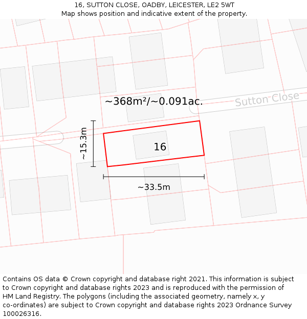 16, SUTTON CLOSE, OADBY, LEICESTER, LE2 5WT: Plot and title map