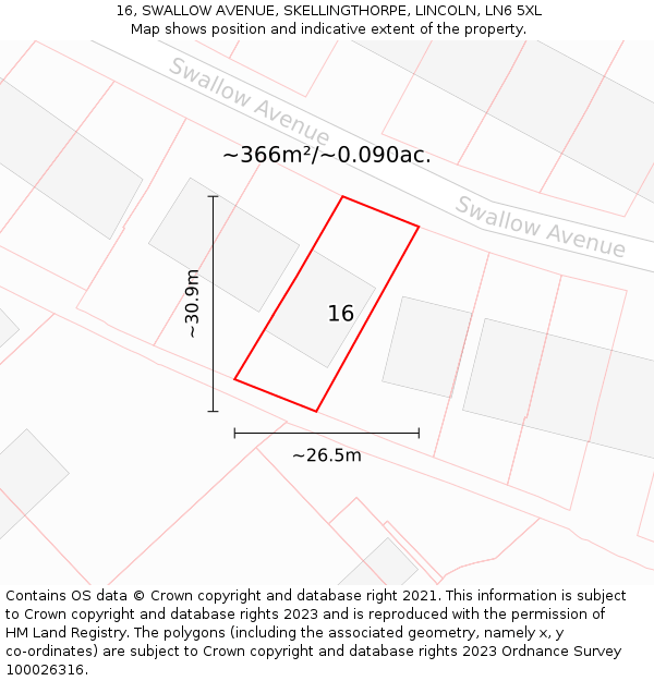 16, SWALLOW AVENUE, SKELLINGTHORPE, LINCOLN, LN6 5XL: Plot and title map