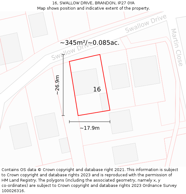 16, SWALLOW DRIVE, BRANDON, IP27 0YA: Plot and title map