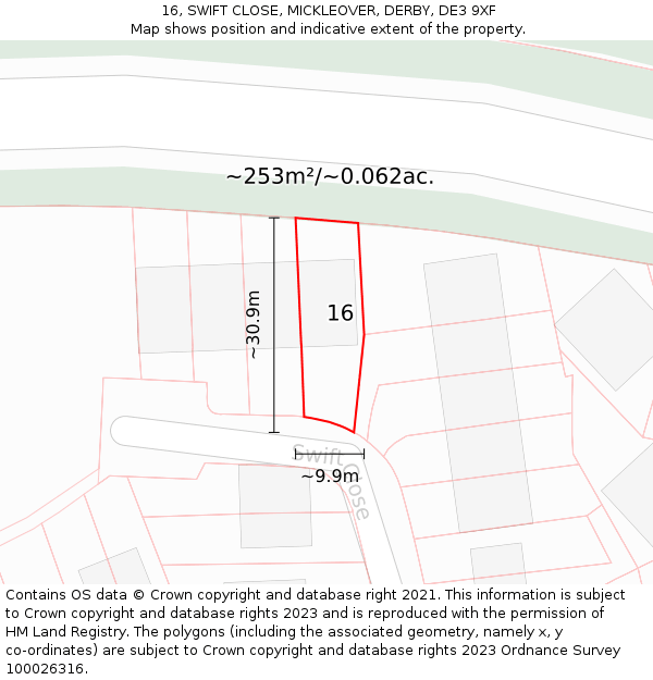 16, SWIFT CLOSE, MICKLEOVER, DERBY, DE3 9XF: Plot and title map