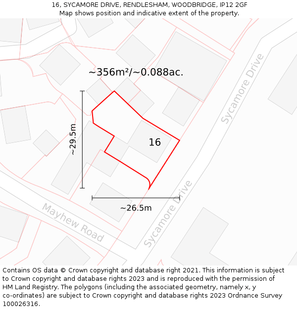 16, SYCAMORE DRIVE, RENDLESHAM, WOODBRIDGE, IP12 2GF: Plot and title map