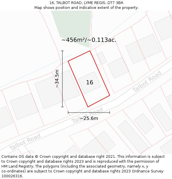 16, TALBOT ROAD, LYME REGIS, DT7 3BA: Plot and title map