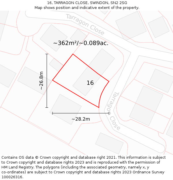 16, TARRAGON CLOSE, SWINDON, SN2 2SG: Plot and title map