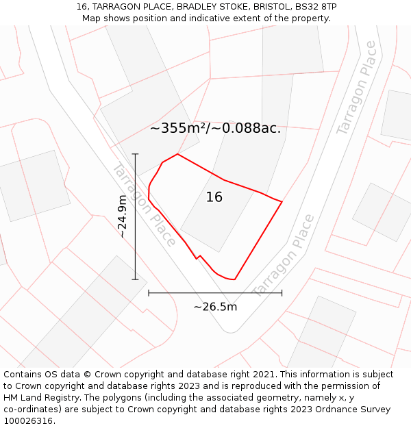 16, TARRAGON PLACE, BRADLEY STOKE, BRISTOL, BS32 8TP: Plot and title map