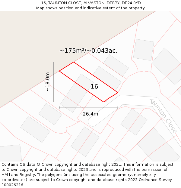 16, TAUNTON CLOSE, ALVASTON, DERBY, DE24 0YD: Plot and title map
