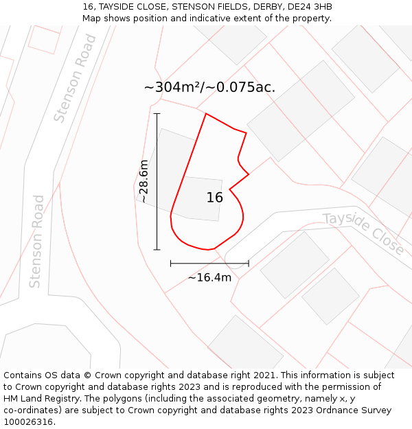 16, TAYSIDE CLOSE, STENSON FIELDS, DERBY, DE24 3HB: Plot and title map