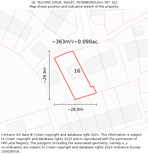 16, TELFORD DRIVE, YAXLEY, PETERBOROUGH, PE7 3ZL: Plot and title map