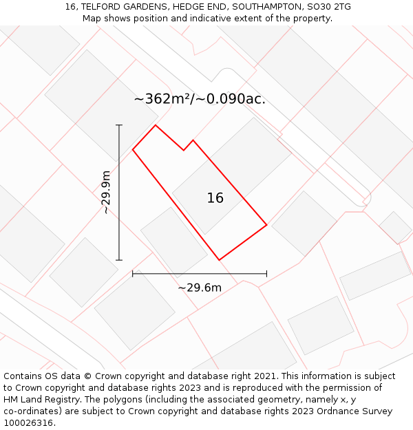 16, TELFORD GARDENS, HEDGE END, SOUTHAMPTON, SO30 2TG: Plot and title map