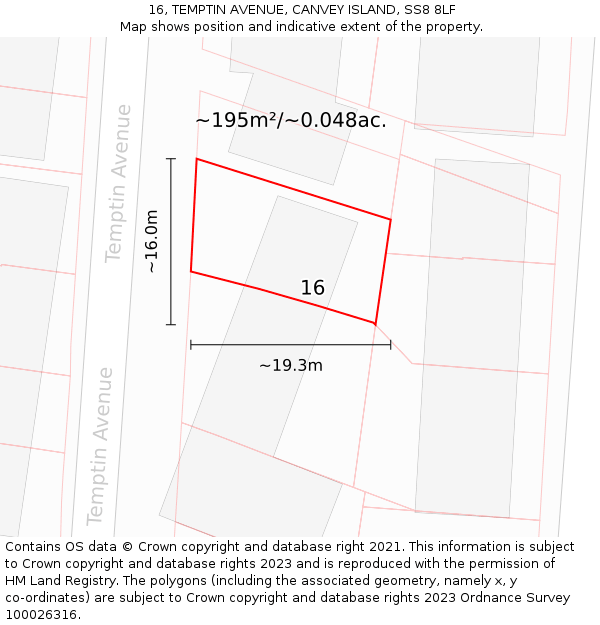 16, TEMPTIN AVENUE, CANVEY ISLAND, SS8 8LF: Plot and title map