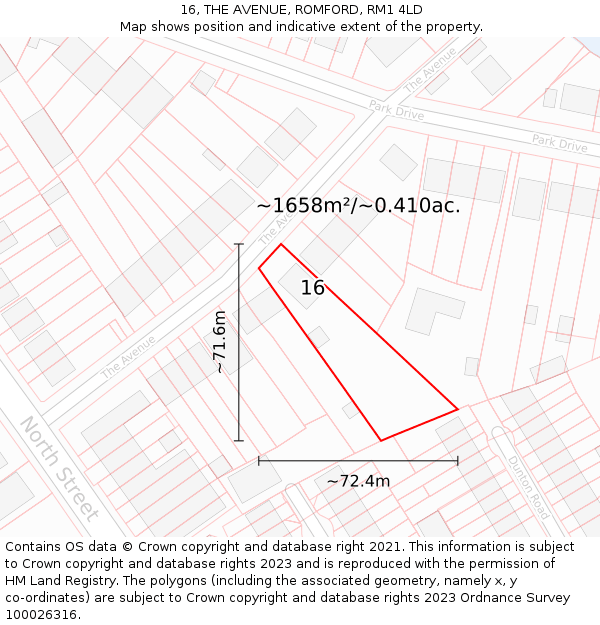 16, THE AVENUE, ROMFORD, RM1 4LD: Plot and title map