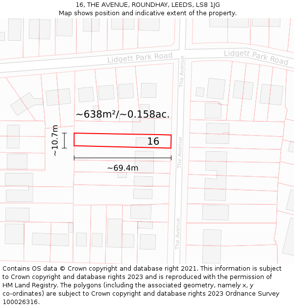 16, THE AVENUE, ROUNDHAY, LEEDS, LS8 1JG: Plot and title map
