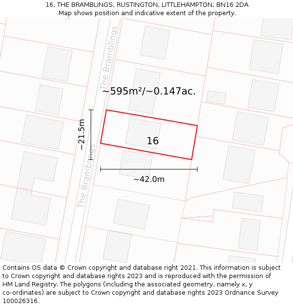 16, THE BRAMBLINGS, RUSTINGTON, LITTLEHAMPTON, BN16 2DA: Plot and title map
