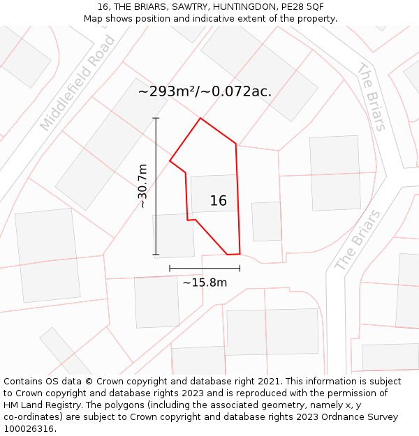 16, THE BRIARS, SAWTRY, HUNTINGDON, PE28 5QF: Plot and title map