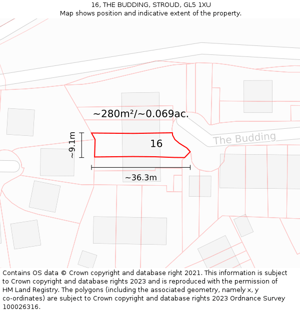 16, THE BUDDING, STROUD, GL5 1XU: Plot and title map