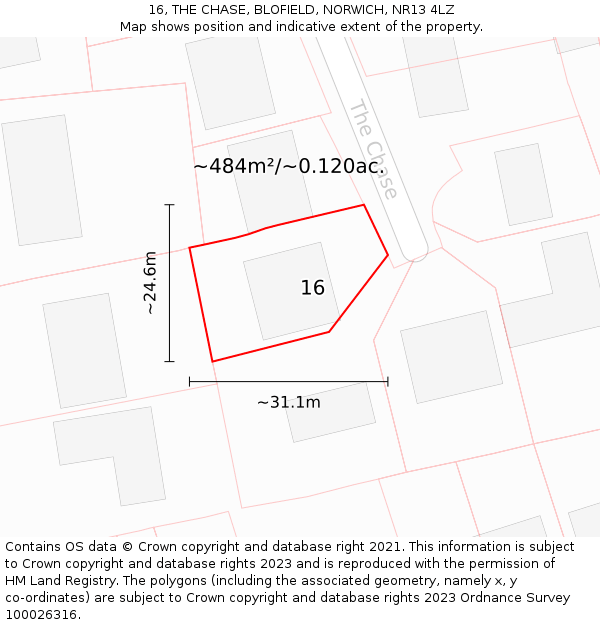 16, THE CHASE, BLOFIELD, NORWICH, NR13 4LZ: Plot and title map