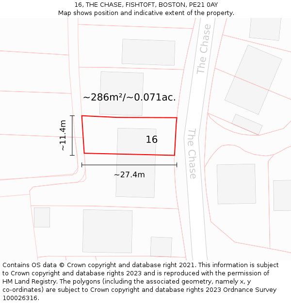 16, THE CHASE, FISHTOFT, BOSTON, PE21 0AY: Plot and title map