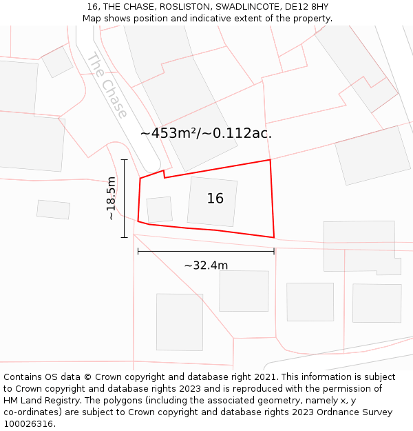 16, THE CHASE, ROSLISTON, SWADLINCOTE, DE12 8HY: Plot and title map