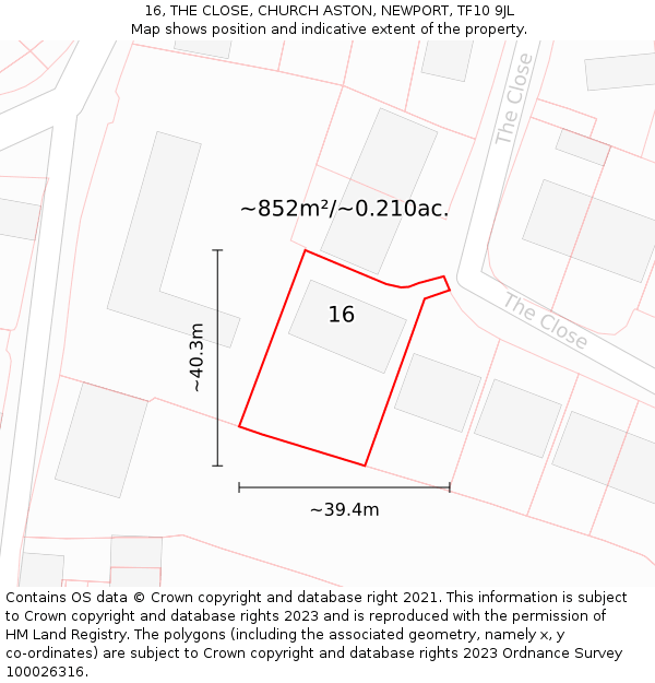 16, THE CLOSE, CHURCH ASTON, NEWPORT, TF10 9JL: Plot and title map