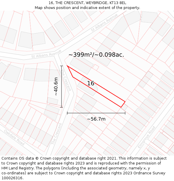 16, THE CRESCENT, WEYBRIDGE, KT13 8EL: Plot and title map