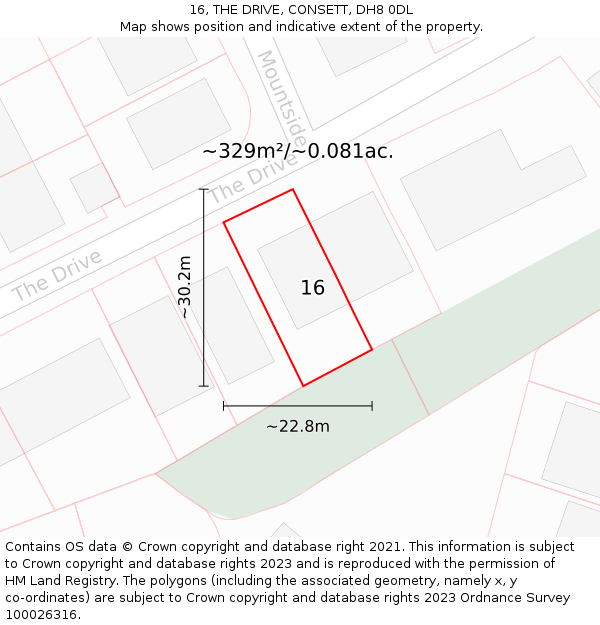 16, THE DRIVE, CONSETT, DH8 0DL: Plot and title map