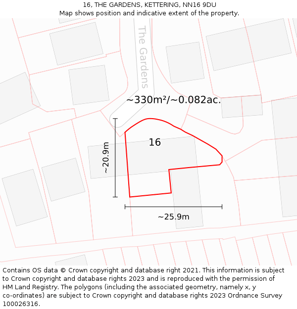 16, THE GARDENS, KETTERING, NN16 9DU: Plot and title map