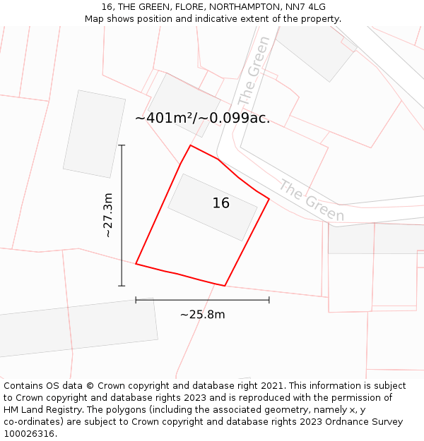 16, THE GREEN, FLORE, NORTHAMPTON, NN7 4LG: Plot and title map