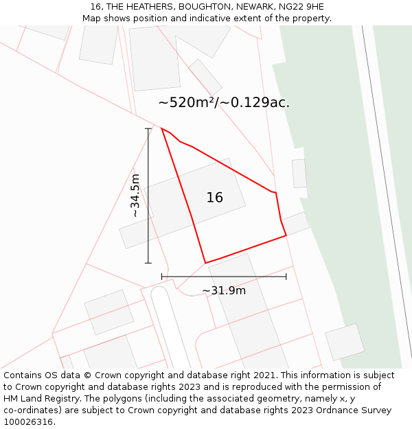 16, THE HEATHERS, BOUGHTON, NEWARK, NG22 9HE: Plot and title map