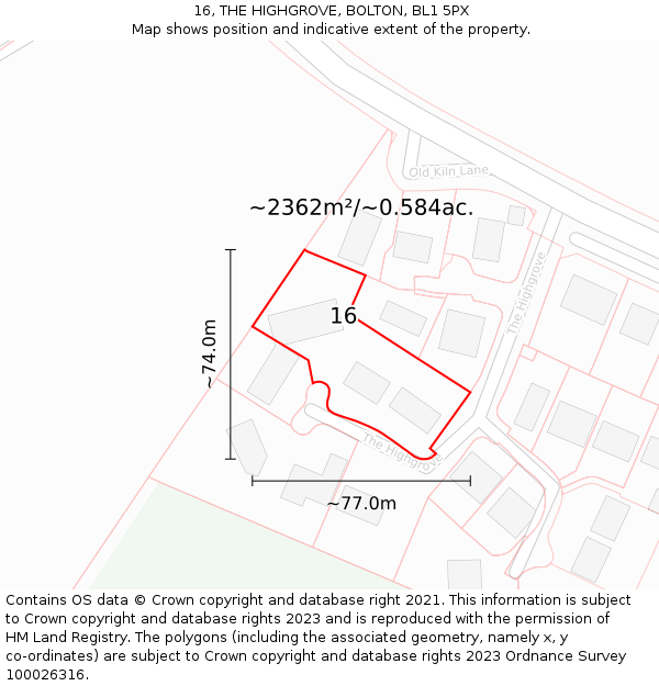 16, THE HIGHGROVE, BOLTON, BL1 5PX: Plot and title map