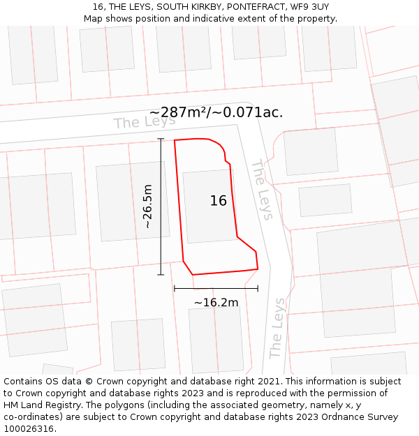16, THE LEYS, SOUTH KIRKBY, PONTEFRACT, WF9 3UY: Plot and title map
