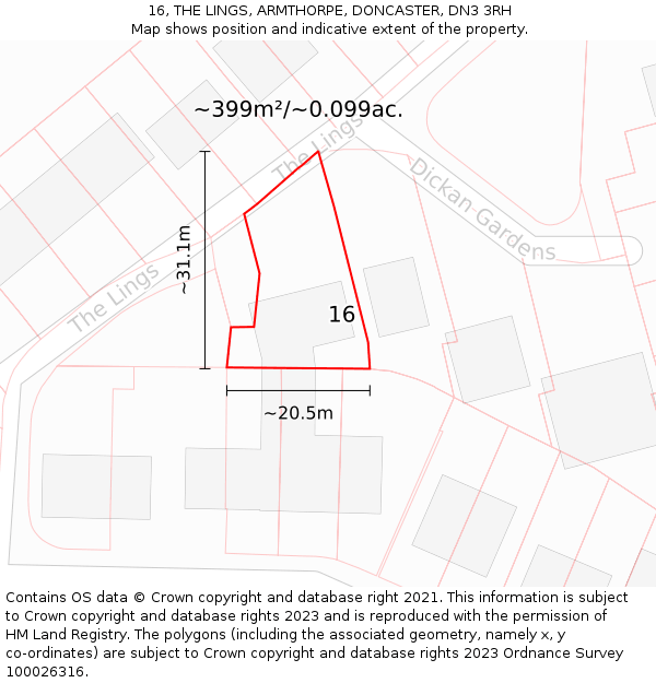 16, THE LINGS, ARMTHORPE, DONCASTER, DN3 3RH: Plot and title map