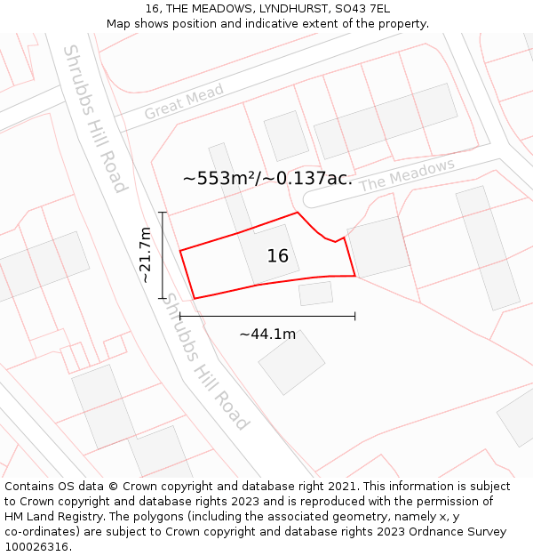 16, THE MEADOWS, LYNDHURST, SO43 7EL: Plot and title map