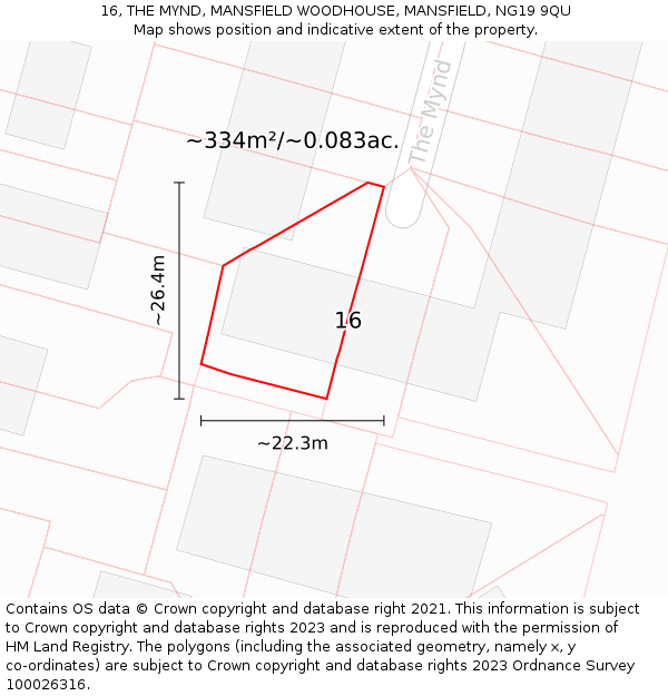 16, THE MYND, MANSFIELD WOODHOUSE, MANSFIELD, NG19 9QU: Plot and title map