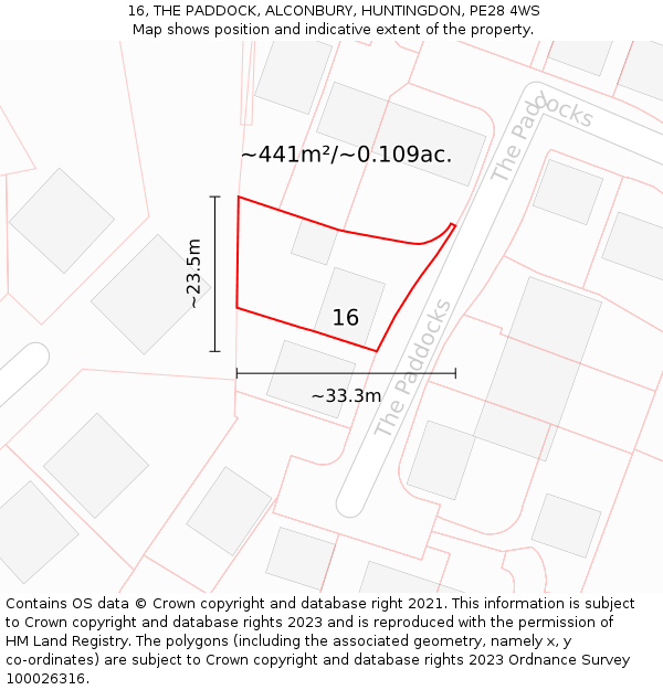 16, THE PADDOCK, ALCONBURY, HUNTINGDON, PE28 4WS: Plot and title map