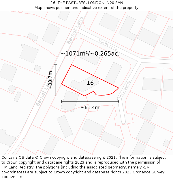 16, THE PASTURES, LONDON, N20 8AN: Plot and title map