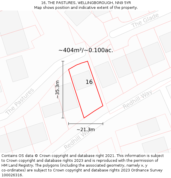 16, THE PASTURES, WELLINGBOROUGH, NN9 5YR: Plot and title map