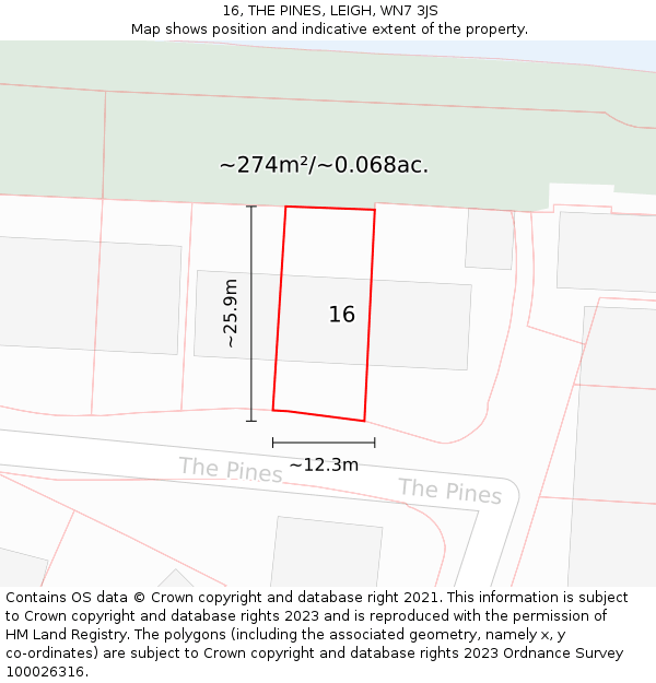 16, THE PINES, LEIGH, WN7 3JS: Plot and title map