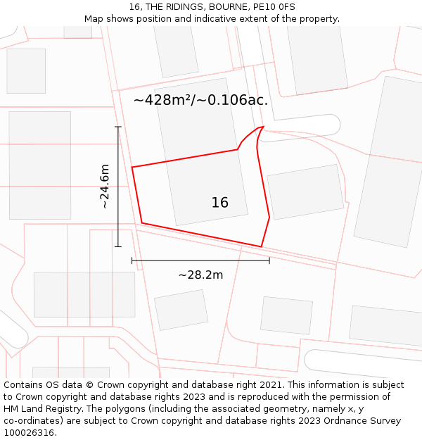 16, THE RIDINGS, BOURNE, PE10 0FS: Plot and title map